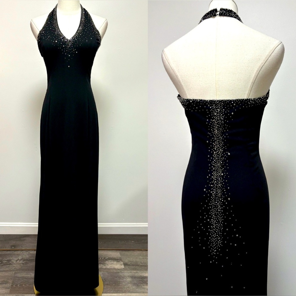 Black Beaded Halter Gown Formal Dress | Size 6